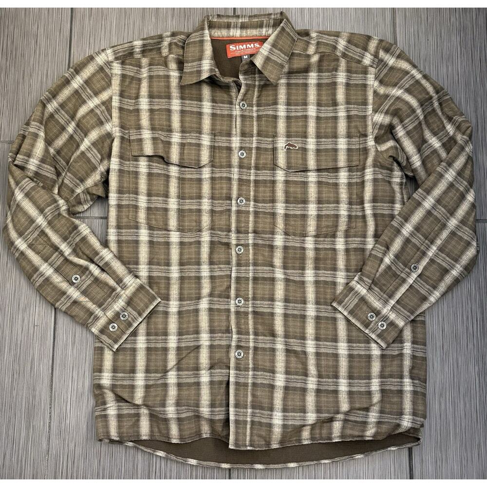Simms Coldweather Long Sleeve Button Down Shirt Canteen Plaid Medium Waffle Line